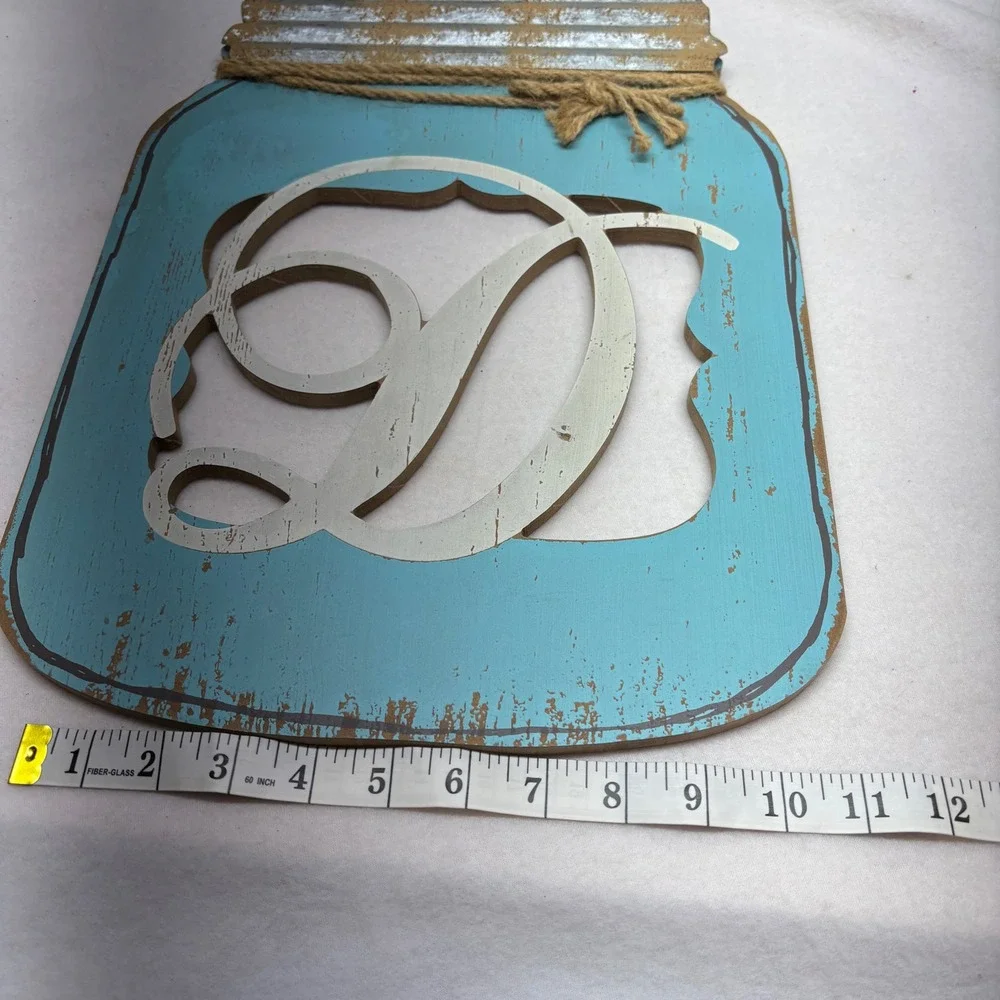Rustic Farmhouse Mason Jar Wall Decor‎ Distressed Aqua Letter D Monogram Hanging